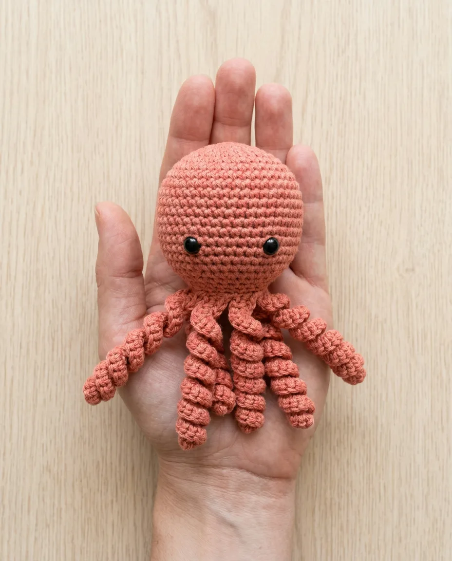 The finished octopus in an open hand: the head is a little smaller than a tennis ball.