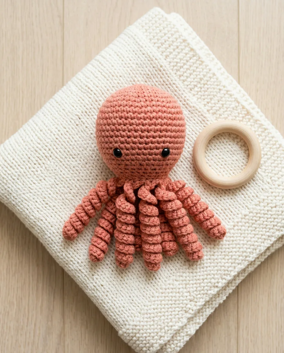 The finished octopus sitting on a folded blanket, every tentacle curling the same direction.