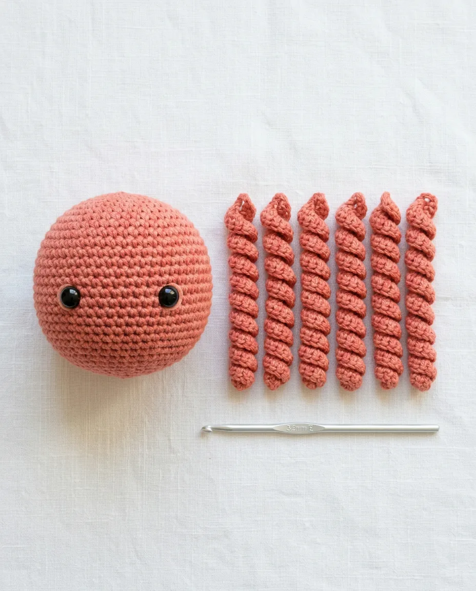 The head and the eight tentacles laid out before sewing, each tentacle curled from 48 single crochets worked into 24 chains.
