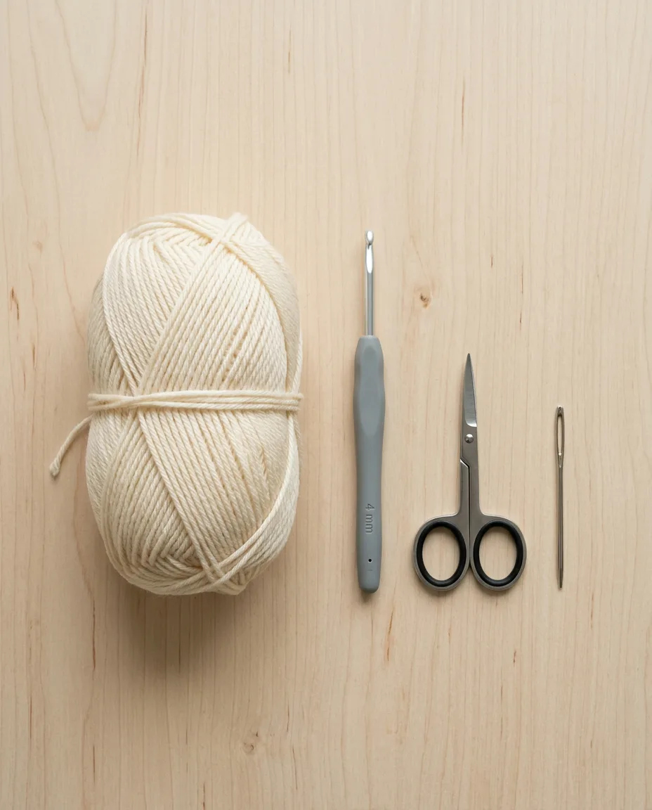 Everything the first hour needs: one ball of smooth worsted yarn, a 4 mm hook, scissors and a yarn needle.
