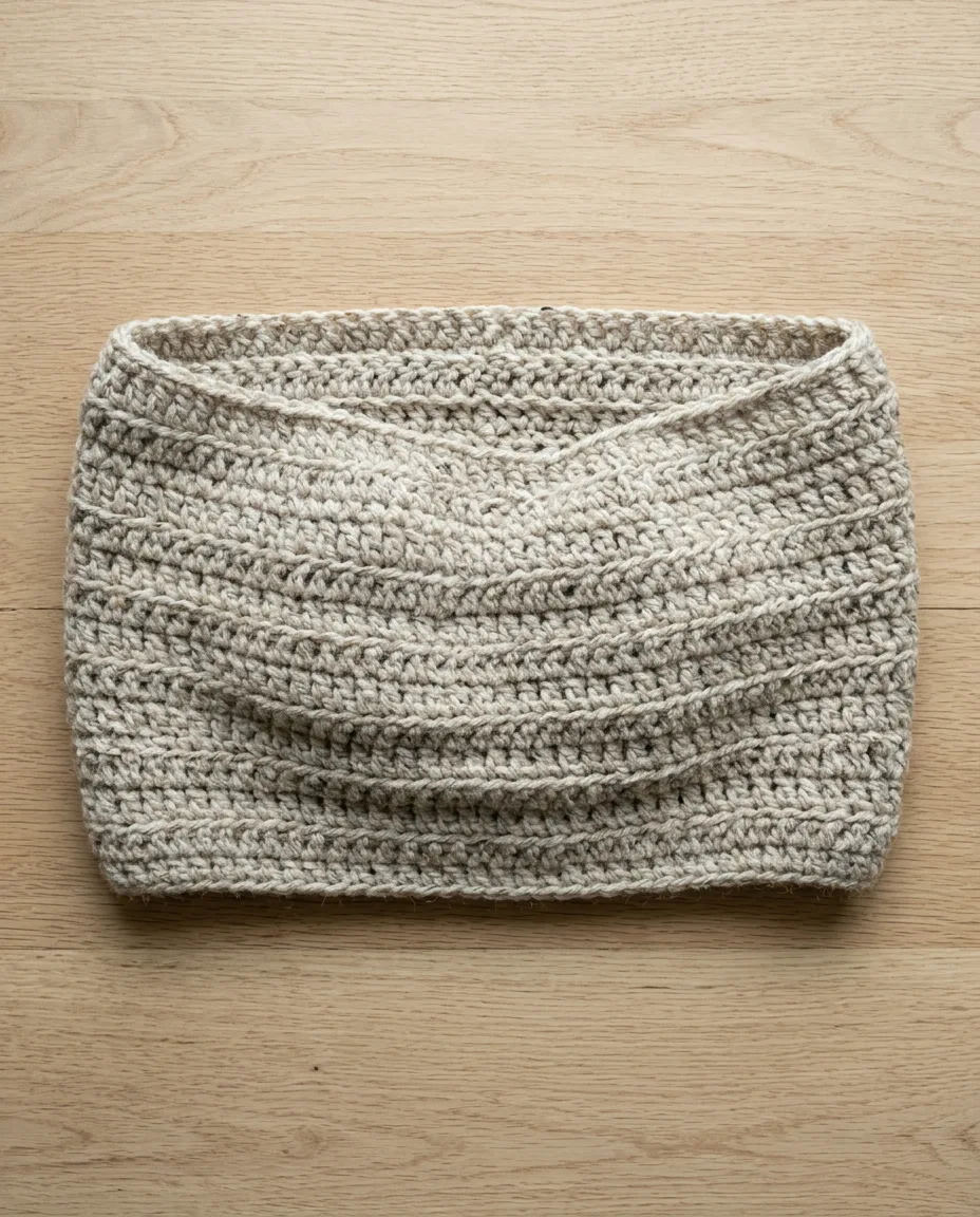 The cowl at 27 inches around and 10 inches tall, worked in 15 rounds of half double crochet.