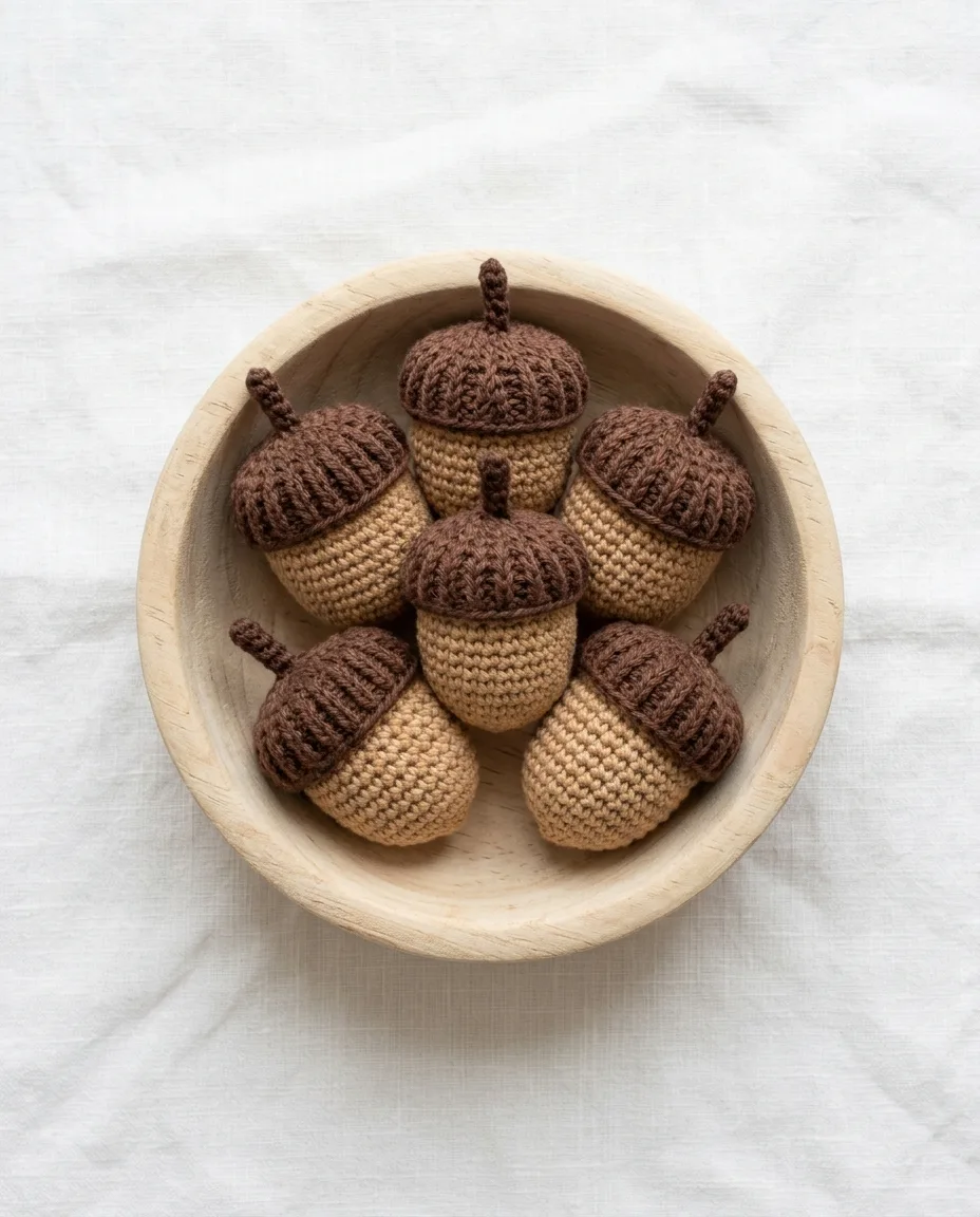 Five acorns, each about 2.5 inches tall with a ribbed brown cap turned down at the edge.
