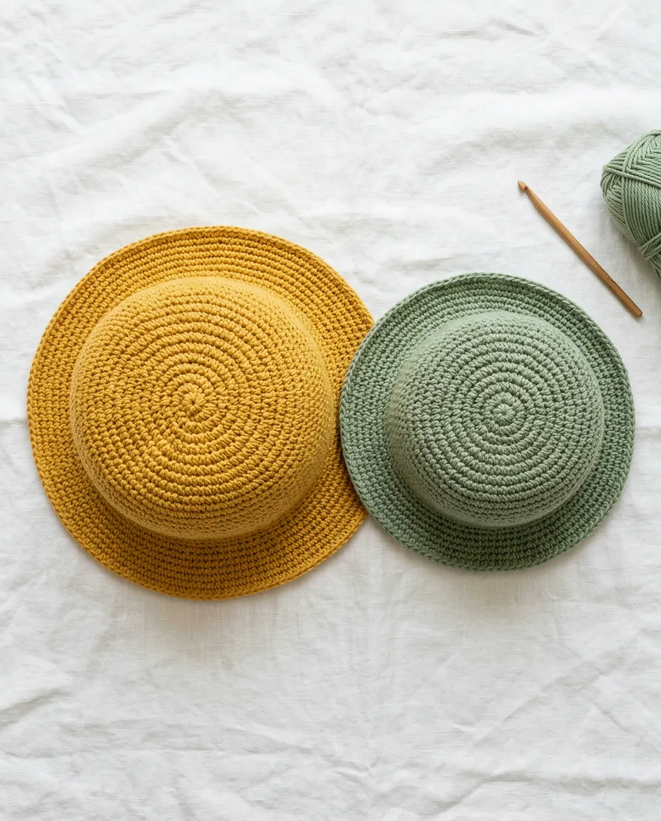 An adult hat worked to 60 stitches beside a child size worked to 54.