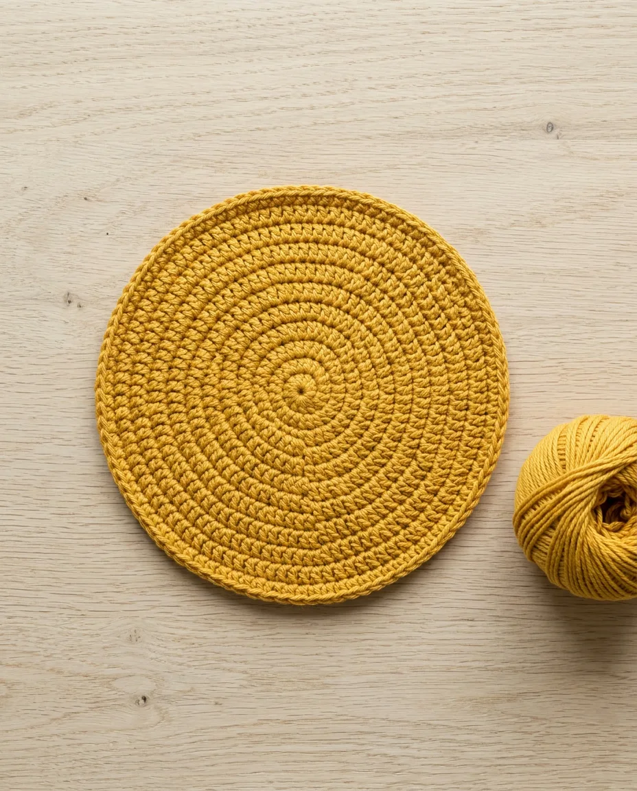 The crown after round 10, a flat single crochet circle about 6.5 inches across.