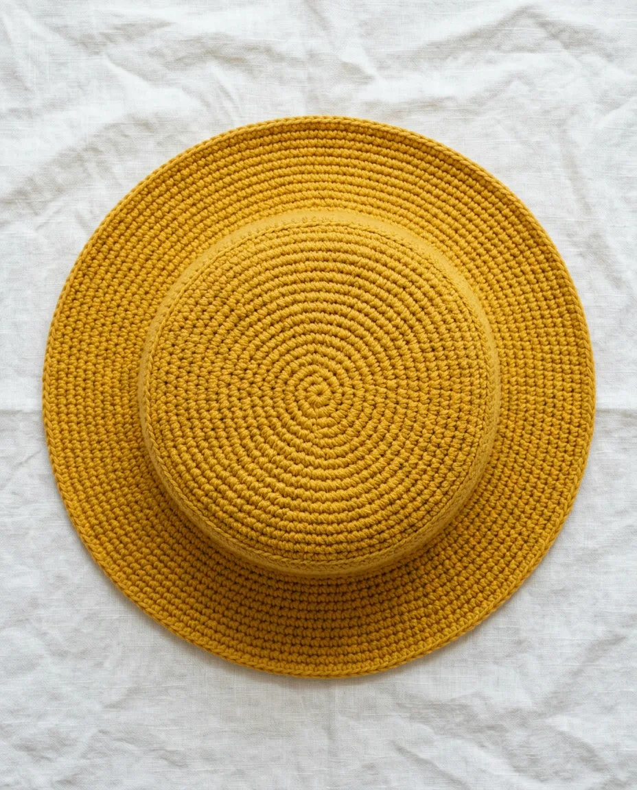 The finished bucket hat in mustard cotton, crown up, with the brim lying level on the linen.