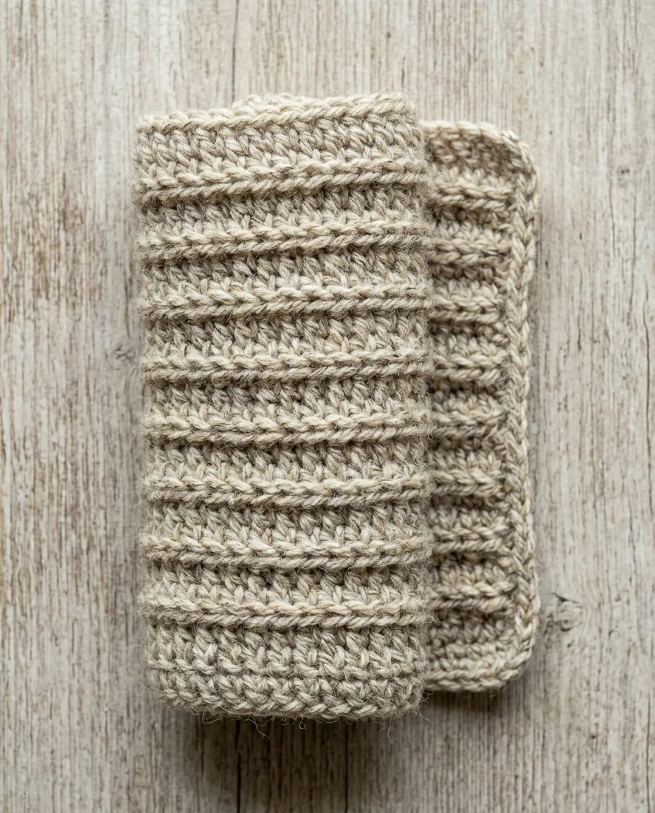 A swatch worked into the back loop only, the unworked loops stacking into ridges and rolling the fabric into a tube.