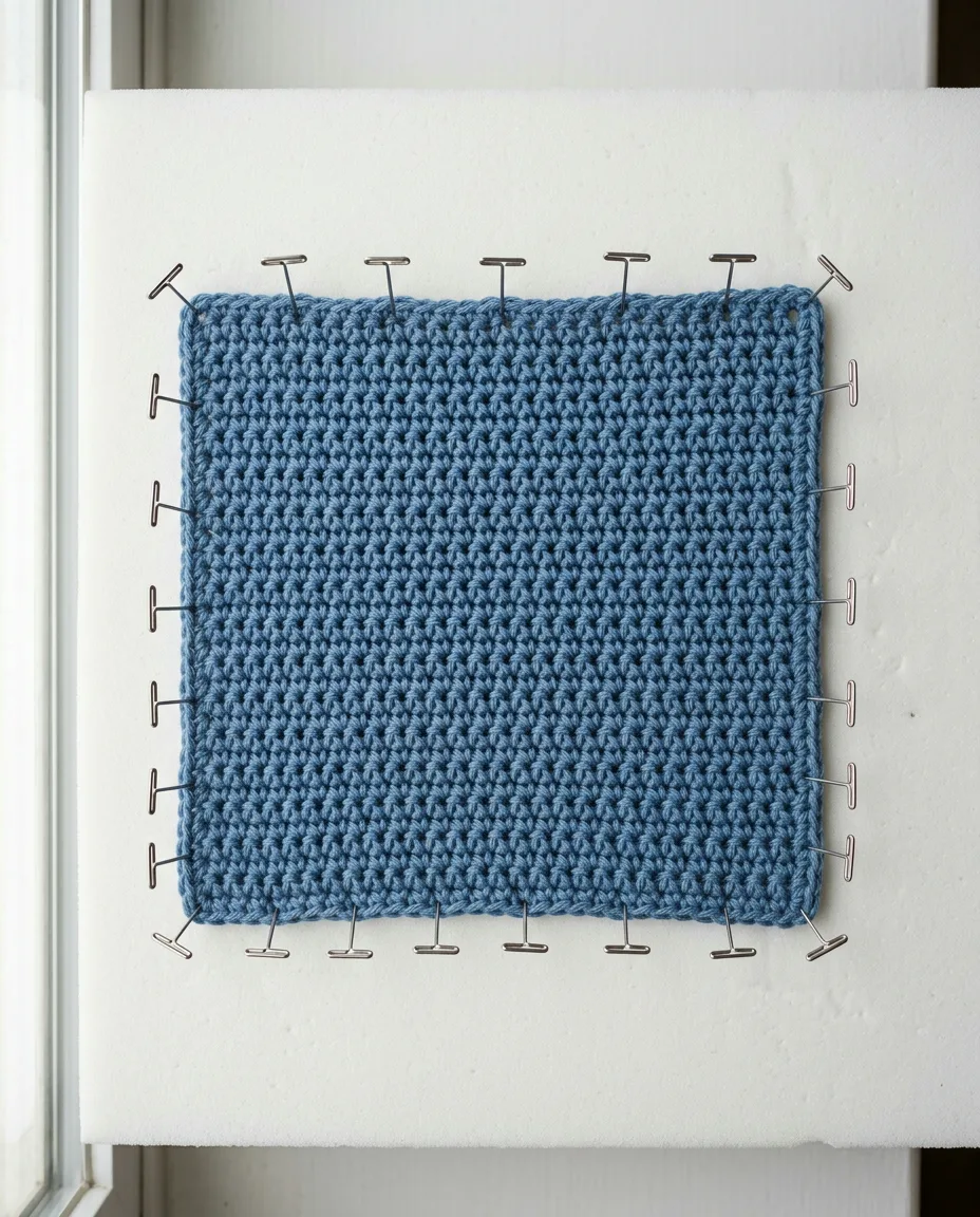 A damp single crochet square pinned flat on a foam mat, the fix for the curl built into the stitch itself.