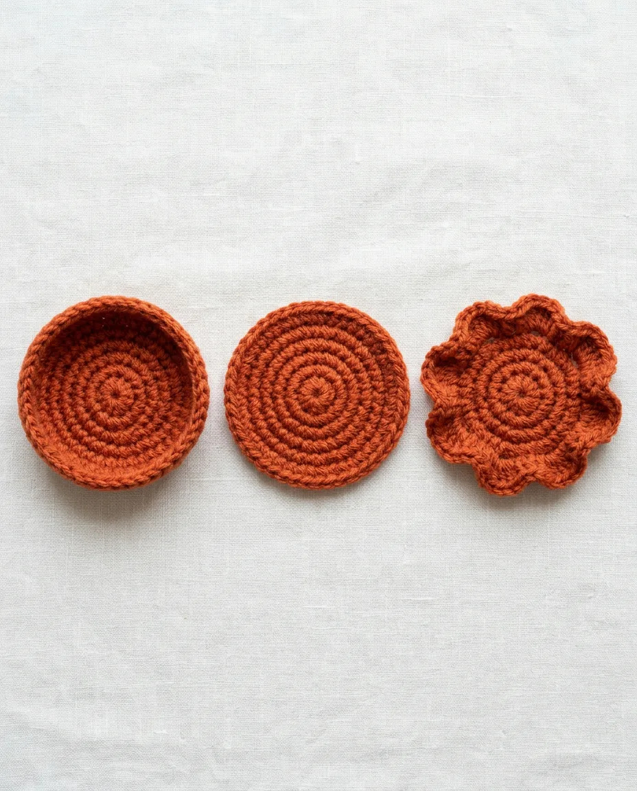 Three circles in one yarn, from too few increases on the left to too many on the right; only the middle one lies flat.