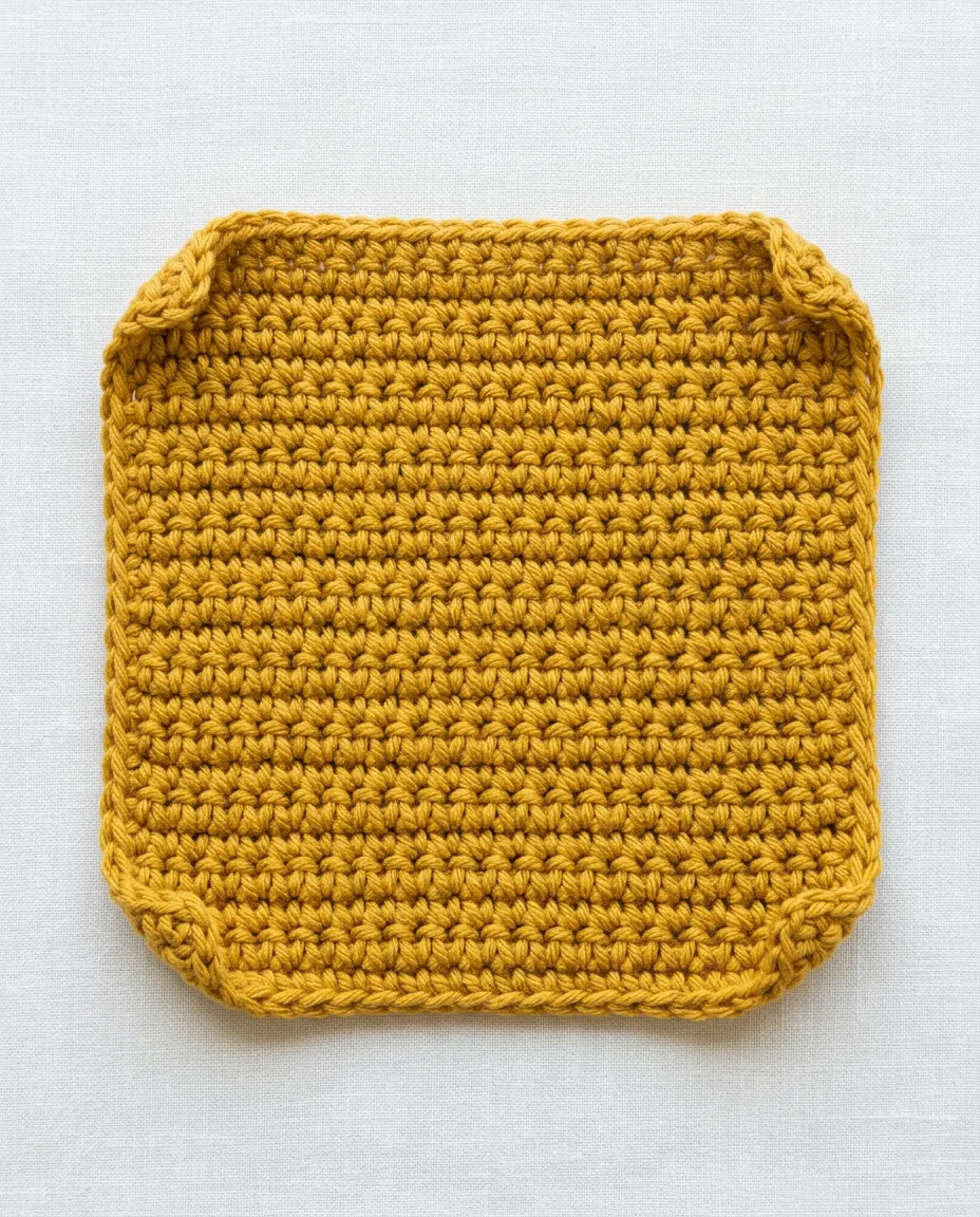 A single crochet swatch with all four corners lifting off the table, the classic curl of a first flat piece.