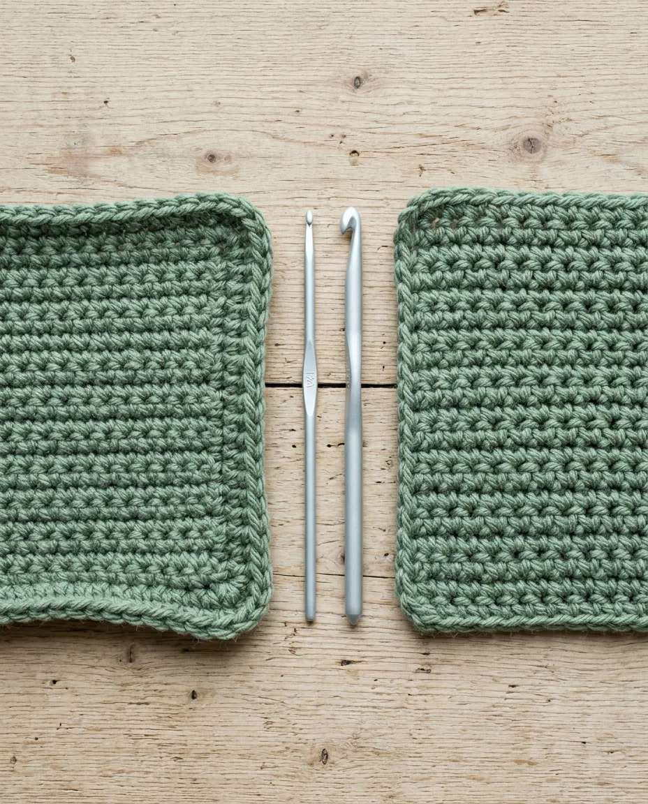 Two swatches in the same yarn: the tight one rolls at the edges and the one worked half a millimeter larger lies flat.