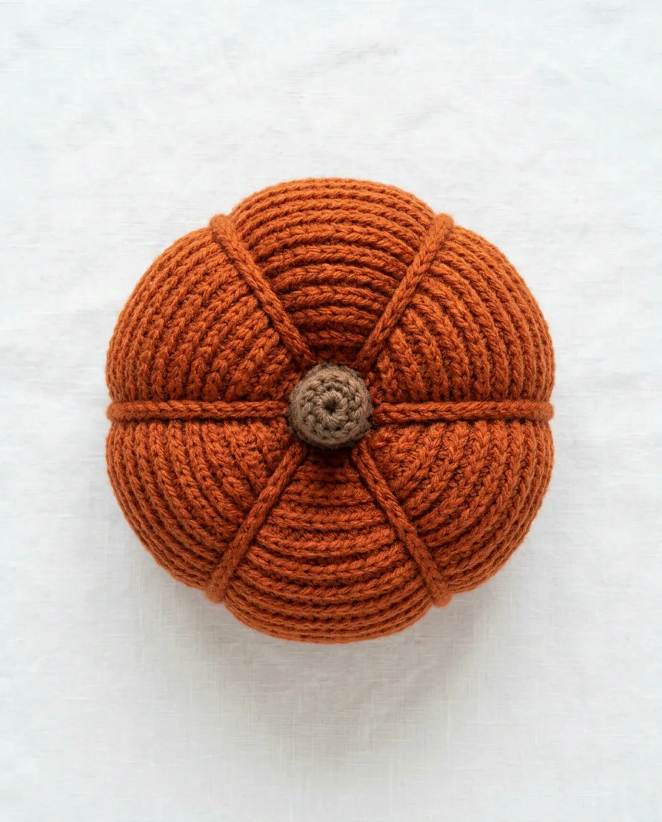 The finished pumpkin: a 7 by 18 inch ribbed rectangle sewn into a tube, stuffed and wrapped into six segments.