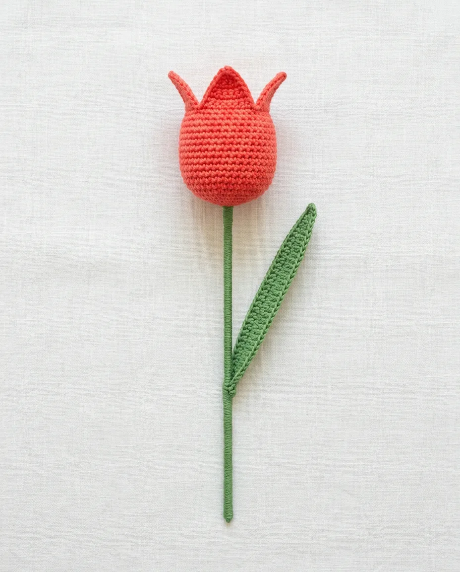 The finished tulip, a coral cup with three pointed petals on an 11 inch wired stem with one leaf.