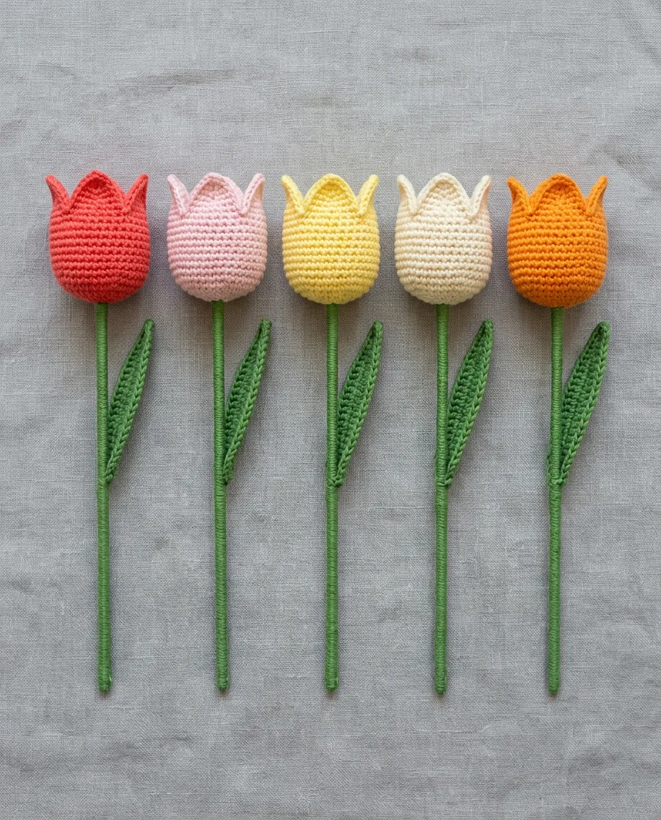 Five tulips in different cup colors, all built on the same 18-stitch cup.