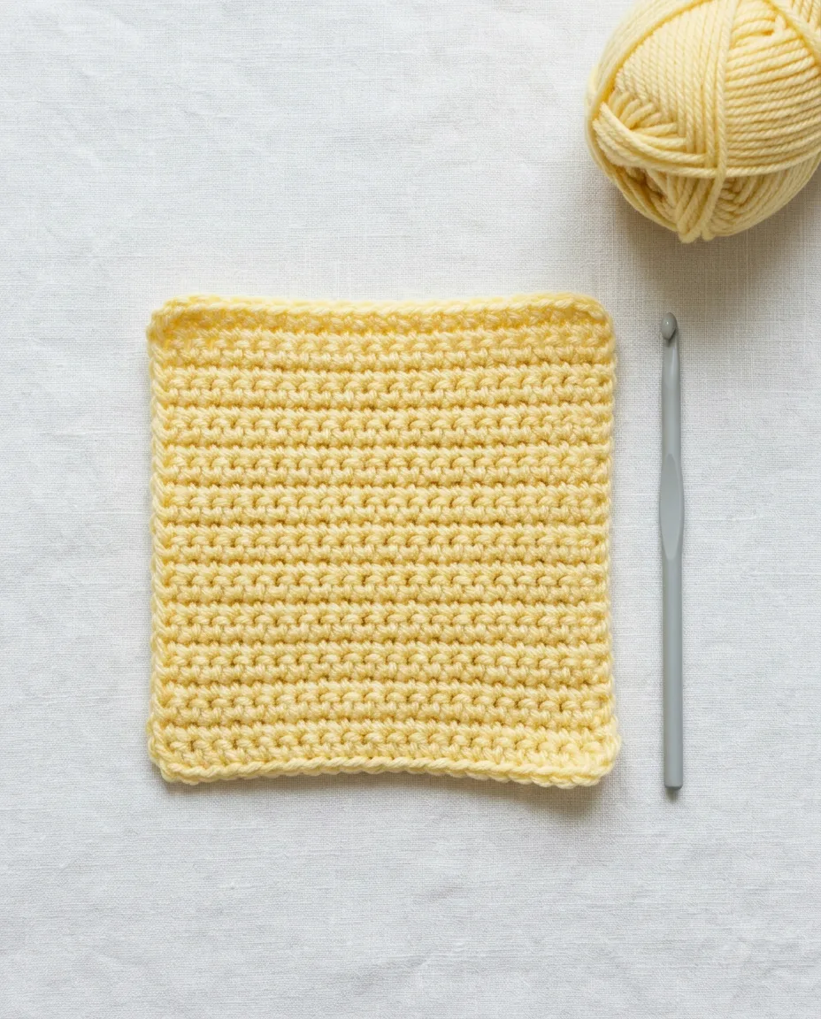 A first practice square of single crochet in yellow worsted yarn, about 3 inches across, with the 4 mm hook that made it.