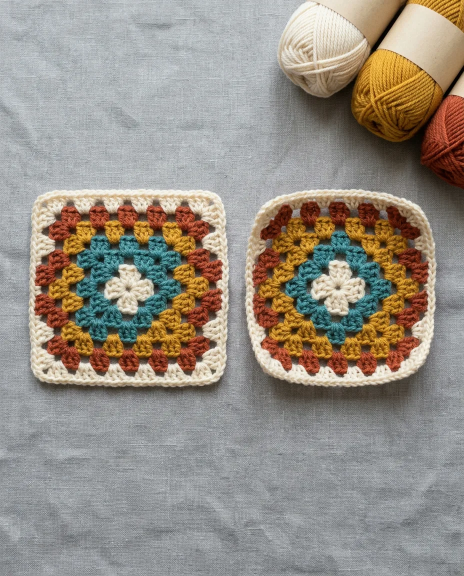 A square with loose corner chains lies flat; the one with tight corner chains cups into a shallow bowl.
