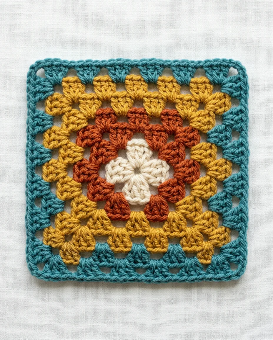 The finished four-round granny square, 16 clusters, lying flat on linen.