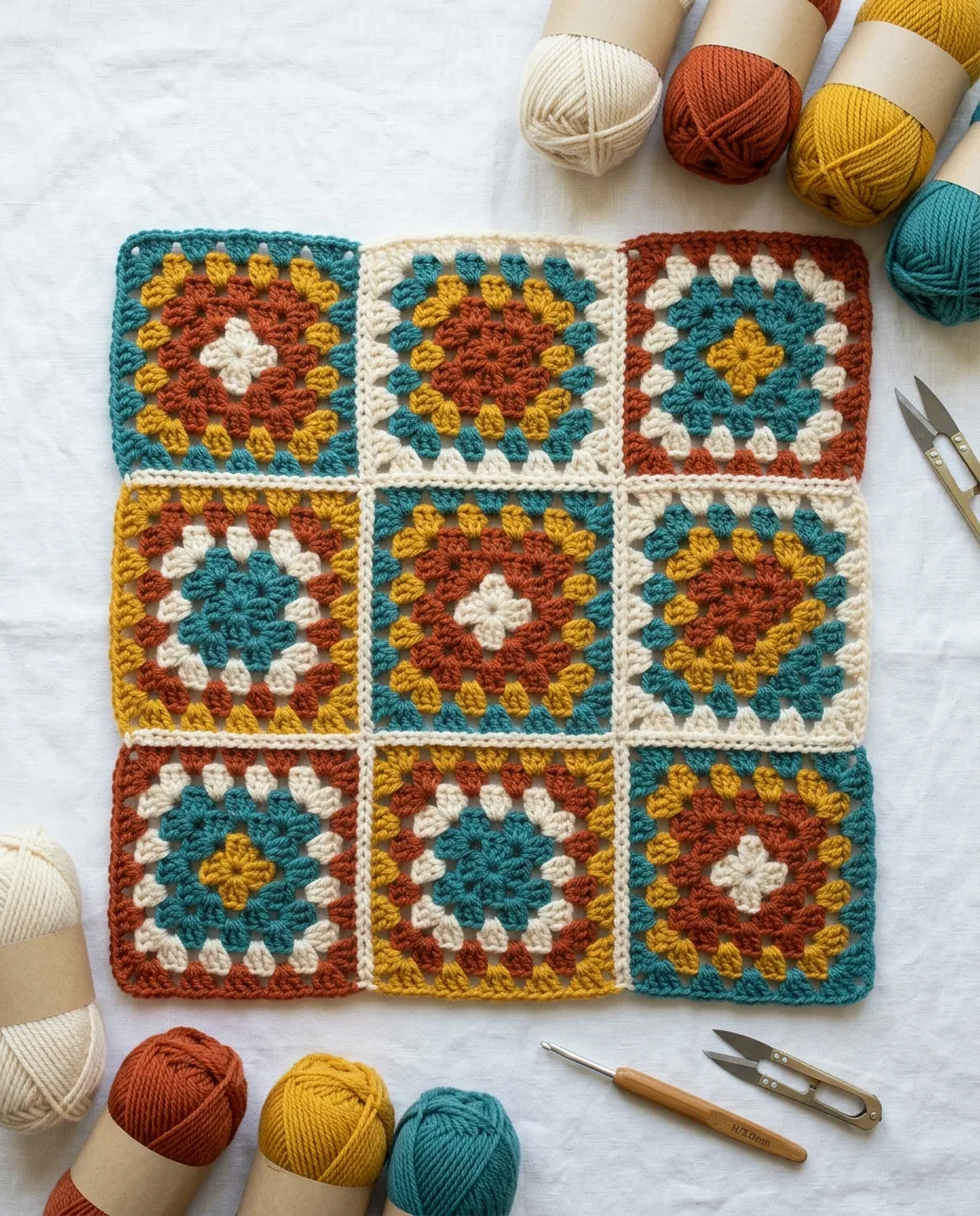 Nine four-round squares whipstitched into a three by three panel, with the seams lying as flat as the squares.