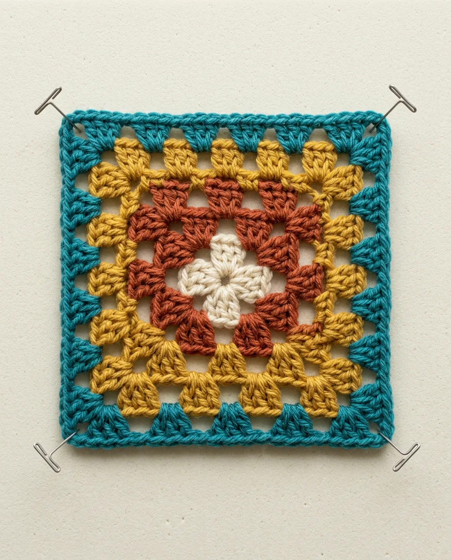 A damp square pinned out at its four corners to an even 5 inches to dry.