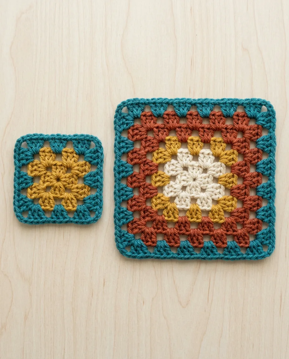 A square stopped after round two beside one worked to round four, showing the extra side cluster on every round.