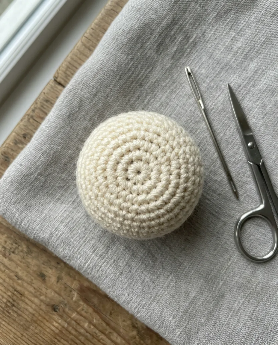 The top of a stuffed ball in cream yarn, where six stitches meet at a point and the tail has been woven in two laps.