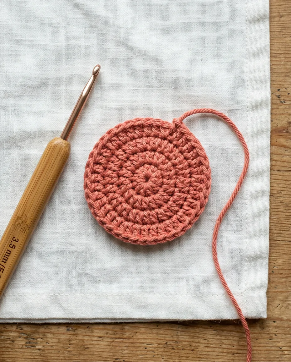 Three rounds worked from a magic ring in coral cotton, with the center pulled fully shut and a 6 inch tail left for weaving in.