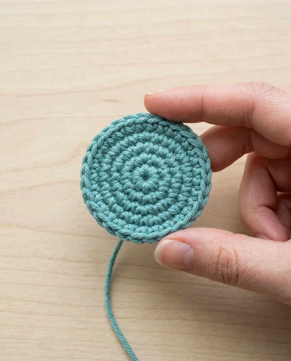 A finished three-round disc in teal, about 1.5 inches across, with no hole at the center.