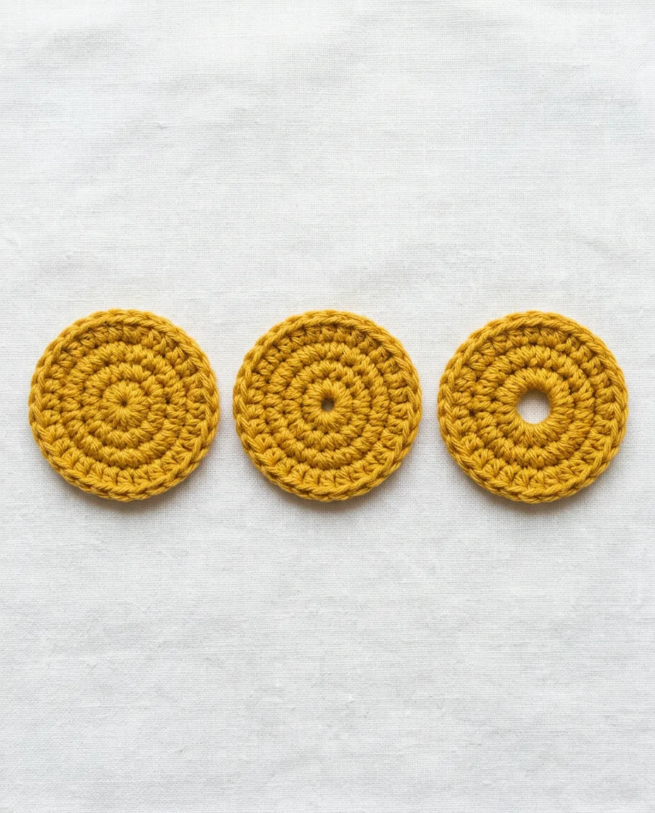 Three starts side by side: a magic ring closes to nothing, a chain 2 start leaves a 3 mm hole and a chain 4 ring leaves a 5 mm hole.