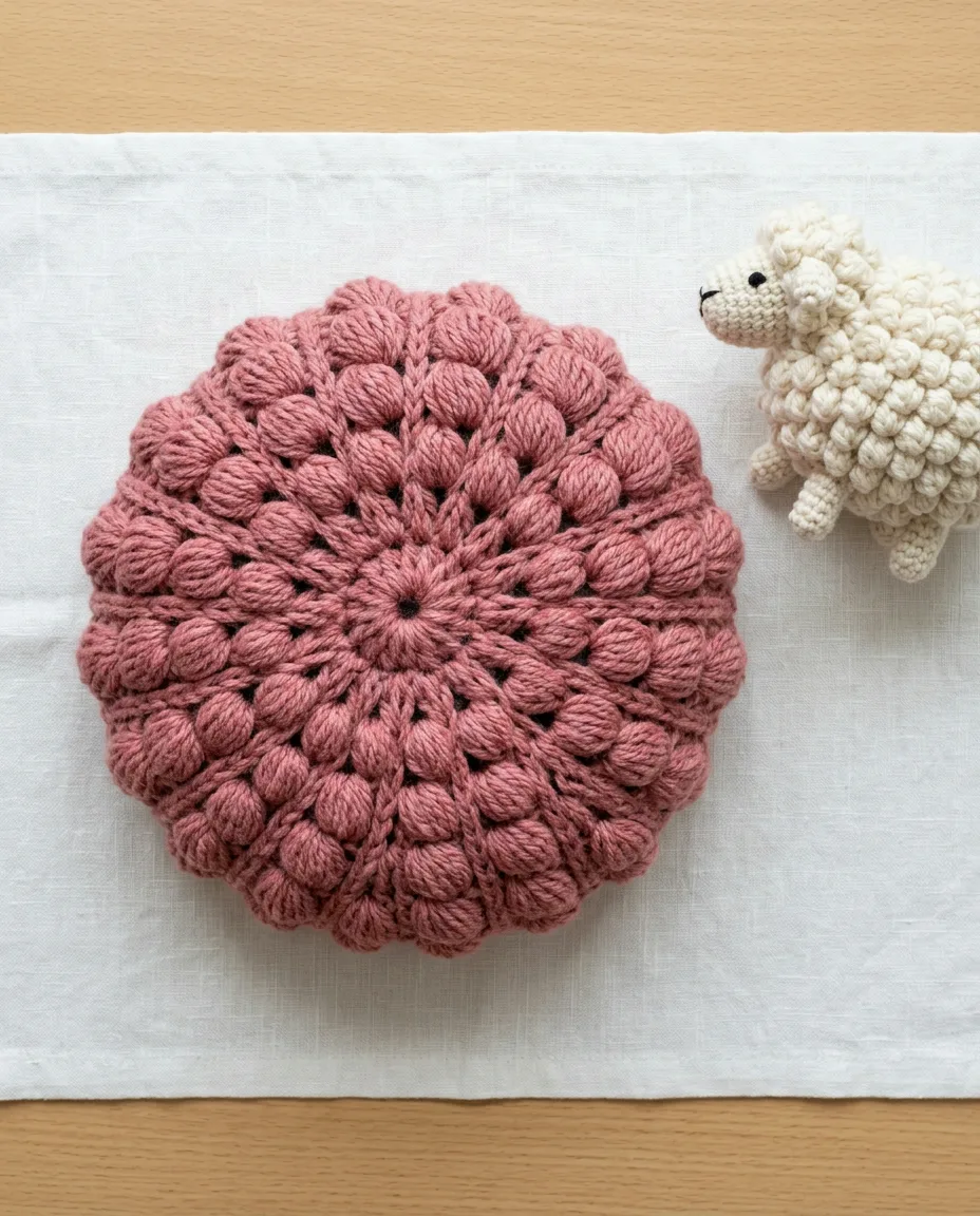 Straight puff columns on a hat crown, with a puff stitch sheep body beside it for scale.