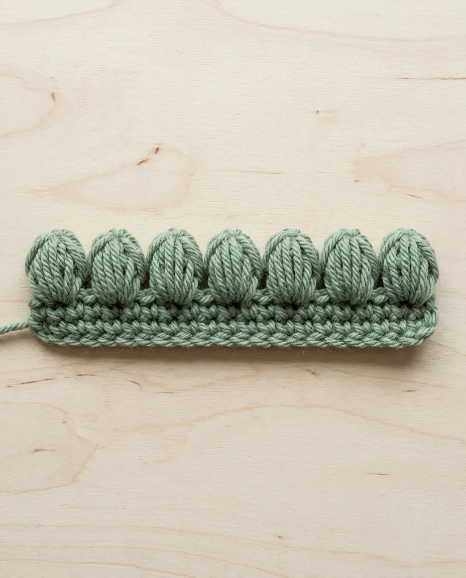 One row of seven puffs in sage green, each closed with a chain and separated by a one-chain gap.