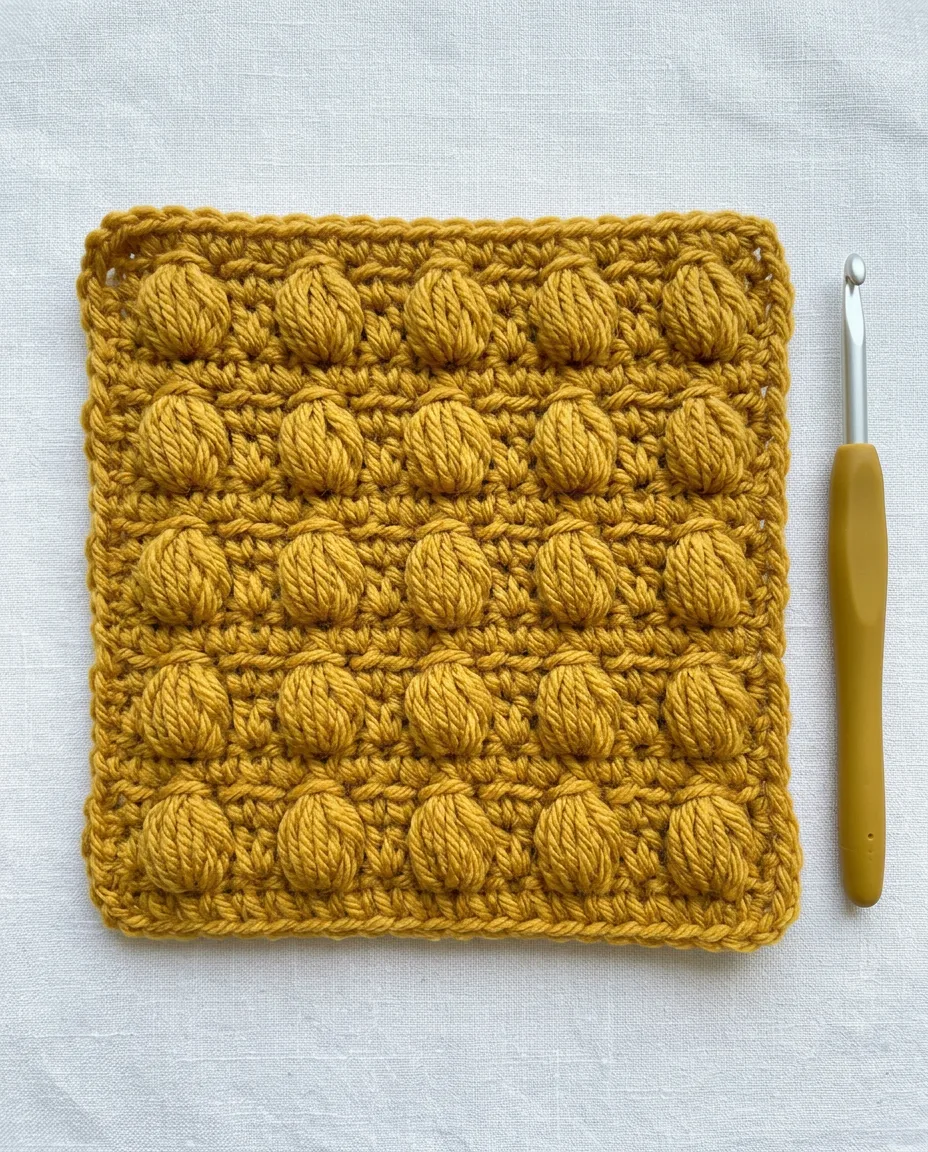 A finished puff stitch swatch in mustard wool, with the puffs standing clear of the single crochet rows between them.