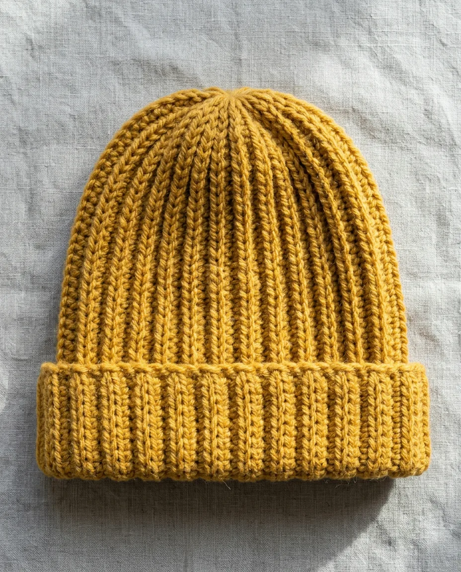Worked sideways, the ribs run up the hat and the brim folds up 2 inches.