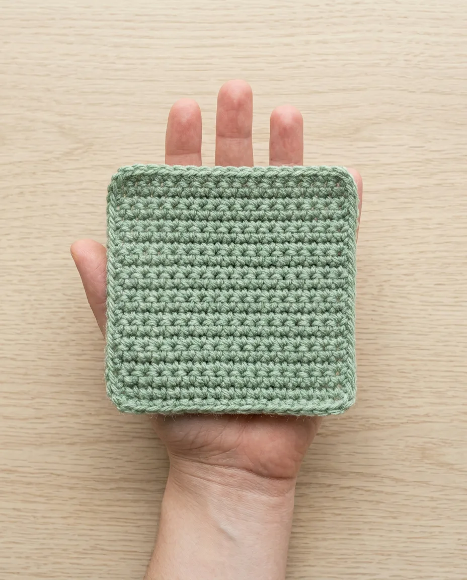 The finished square held for scale, with the tighter bottom rows showing how the chain pulls in.