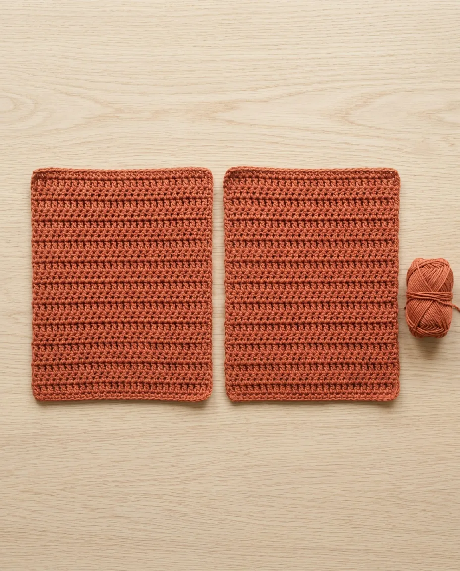Both rectangles finished and matched by row count before any seaming begins.