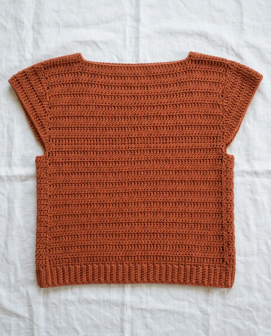 The finished top: two double crochet rectangles joined at the sides and shoulders, with no shaping anywhere.