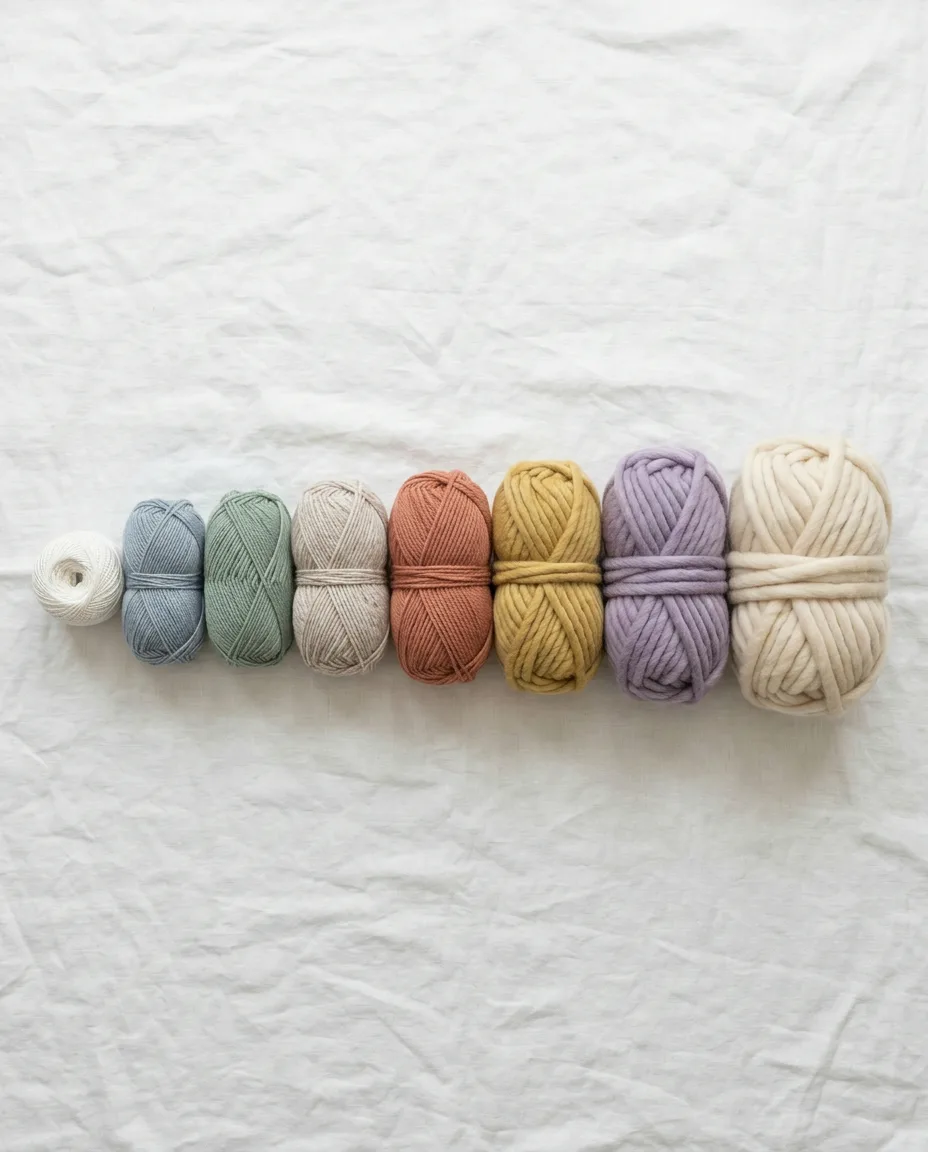 Eight yarn weights lined up from lace thread to jumbo roving; the number on the band is the thickness of the strand.