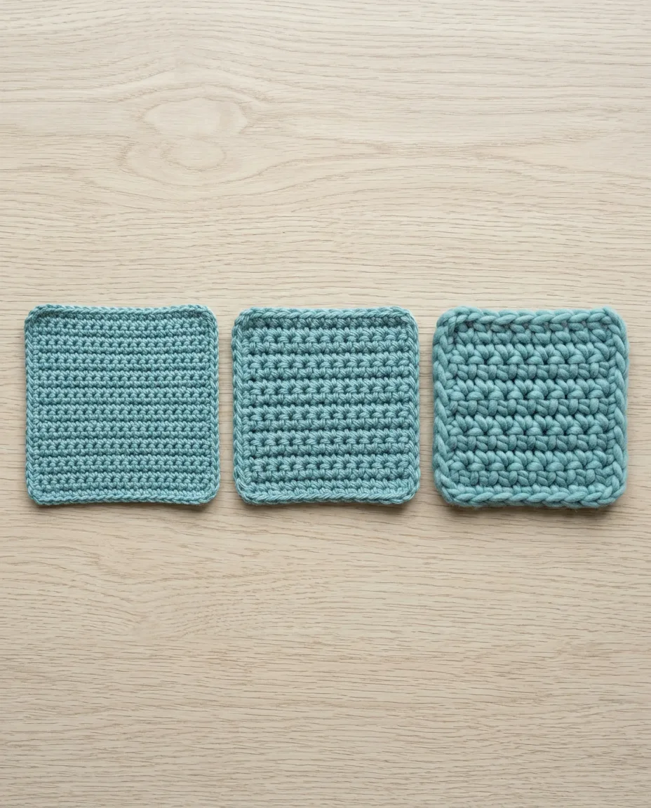 Single crochet swatches in three yarn weights; the super bulky stitch on the right is about three times the size of the fingering stitch on the left.