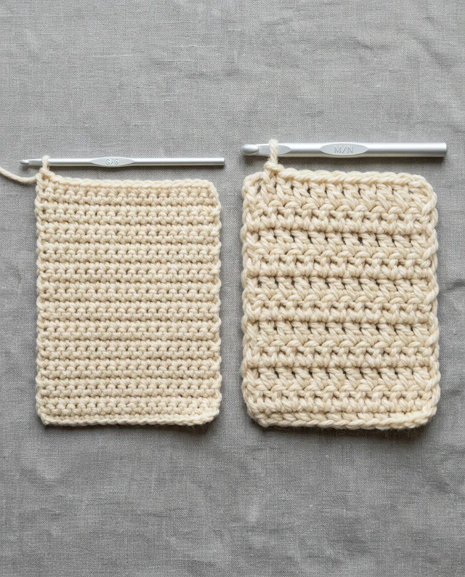 One strand of worsted beside two strands held together, which crochets like a super bulky on a 9 mm hook.