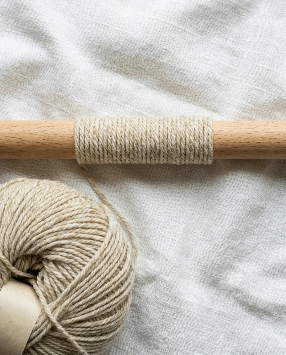 Yarn wrapped snug around a dowel for the wraps-per-inch test; worsted lands at 9 to 11 wraps in an inch.